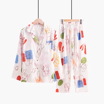 

Cute Girl Faux Silk Cartoon Pajamas Set Turn-down Collar Button 2PCS Sleep Wear 2020 Summer New Pyjamas Suit Night Wear