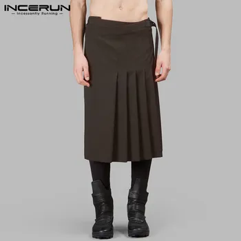 

INCERUN Scottish Men Skirts Solid Color Vintage Streetwear Mens Kilt Trousers Retro Pleated Skirts Personality Bottoms S-5XL