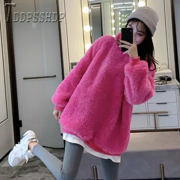 

2019 Patchwork Fake Two Piece Imitation Lambswool Women Sweatshirt Casual Thick Female Sweatshirts