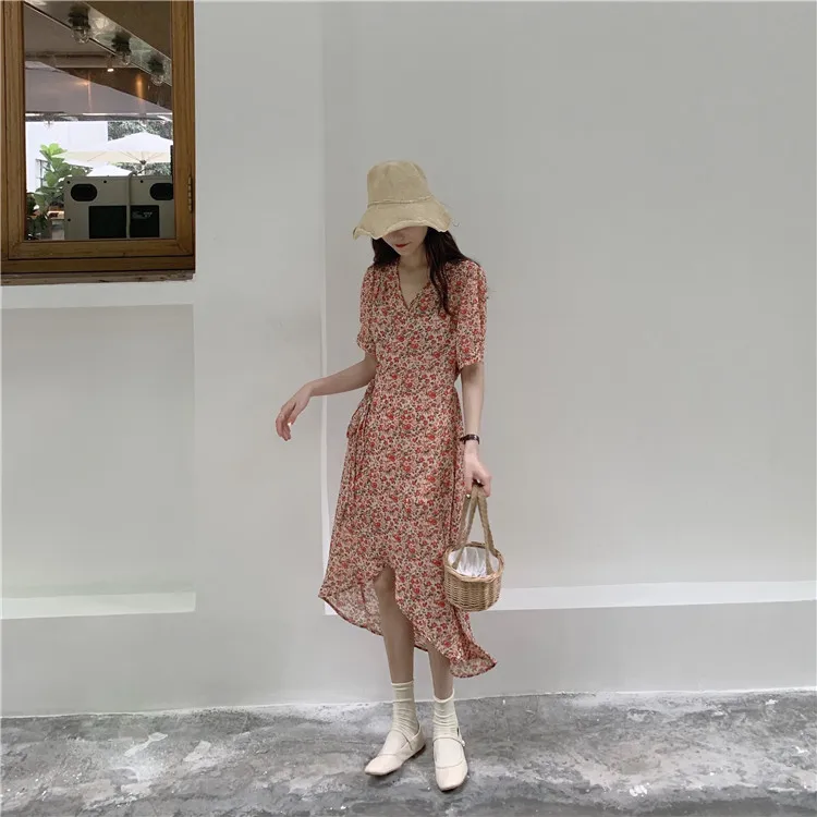 

flower print prairie chic lace up summer dress loose Women Clothing Korean style asymmetrical v-neck chiffon Vacation dresses