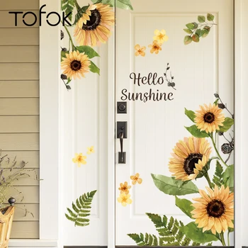 

Tofok Ins Fresh Sunflower Glass Wall Decoration Stickers Living Room Floral Background Art Mural Decals Home Door Fridge Sticker