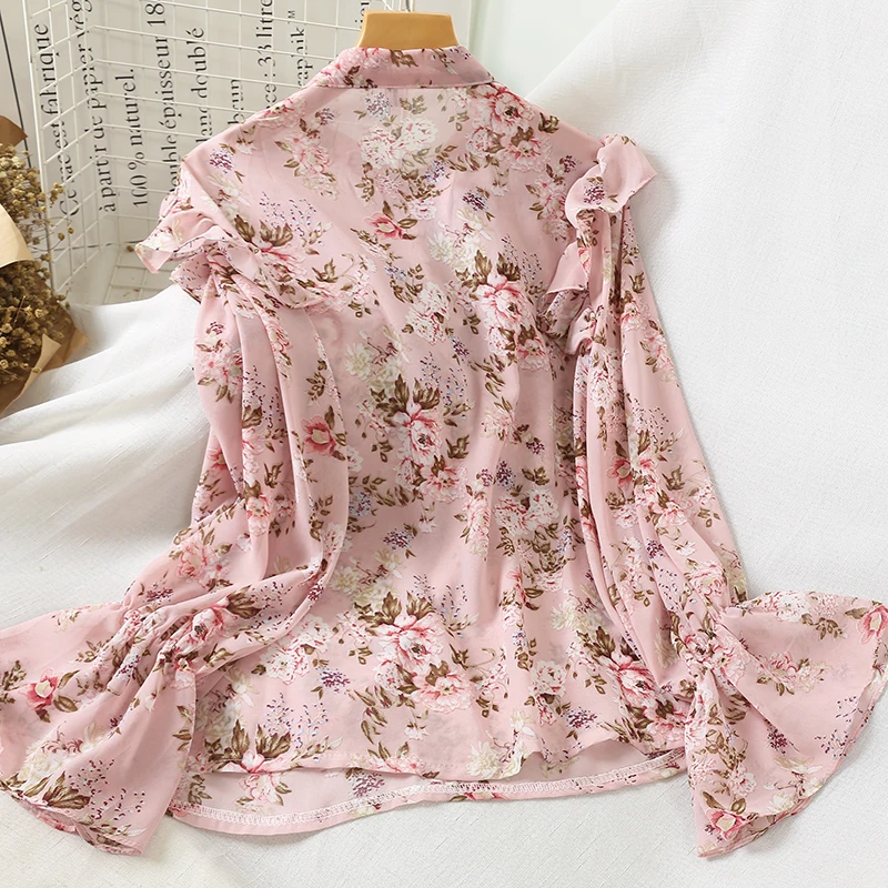 Jornmona/винтажная шифоновая блузка с цветочным рисунком для женщин, осенняя розовая блузка с длинными рукавами и оборками, рубашка, модные женские Топы Блузка с цветочным принтом