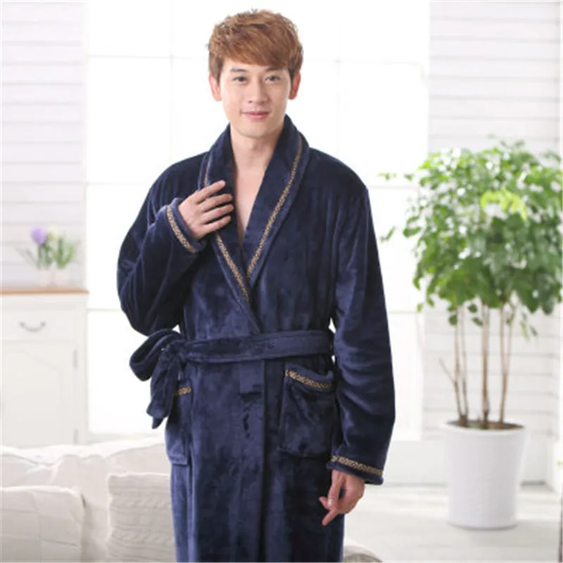 navy blue Зимнее плотное теплое женское Коралловое кимоно из рунной шерсти, халат для влюбленных пар, ночная рубашка, банное платье, одежда для сна для мужчин, большая Ночная одежда, Размеры M, L, XL, XXL, 3XL - Цвет: navy blue
