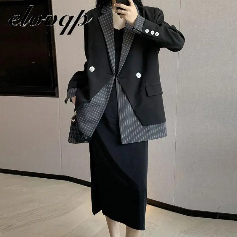 

High Quality Striped Patchwork Blazer Women Double Breasted Loose Fashion Elegant Designer Female Outerwear Chic Tops Talever