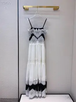 

High Quality 2020 New Women Sexy Luxury Runway Retro Spaghetti Strap Sleeveless Lace Color Patchwork Long White Holiday Dress