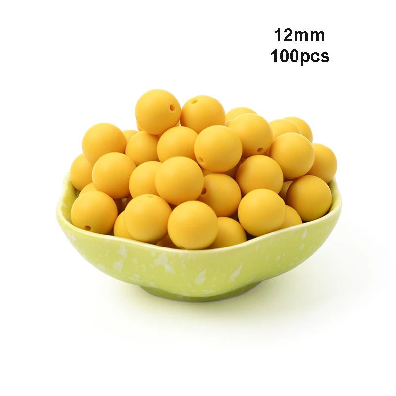 Mustard LOFCA 12 мм, 100 шт./лот, бусины из пищевого силикона, Прорезыватель для зубов, круглые бусины, Детская жевательная для прорезывания зубов, Силиконовые Прорезыватели для самостоятельного изготовления - Цвет: Mustard
