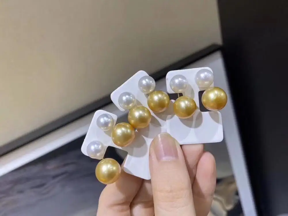

D204 Fine Jewelry Pure 18 K Gold Natural Ocean Sea Golden Pearls Stud Earrings 7-10mm for Women Fine Pearl Earrings