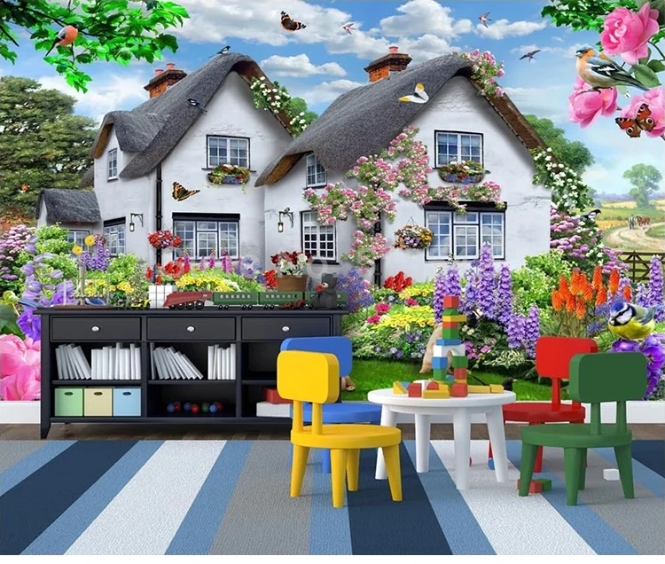 3D красивый дом сад собака Природа Пейзаж Плакат Настенный декор живопись детская спальня фоны для фотосъемки Фреска