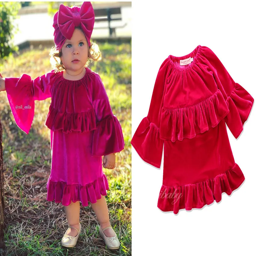 

2018 Spring And Summer Children Shirt INS New Style Trend GIRL'S Skirt Gold Velvet Long-sleeved Dress