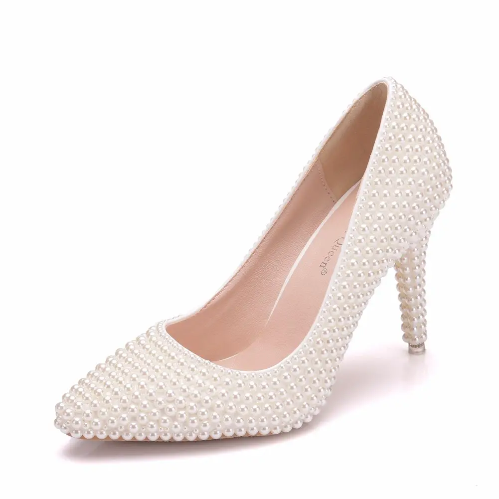 9cm stiletto pointed large size single shoes pearl beaded wedding shoes bridesmaid bride shoes temperament elegant high heels