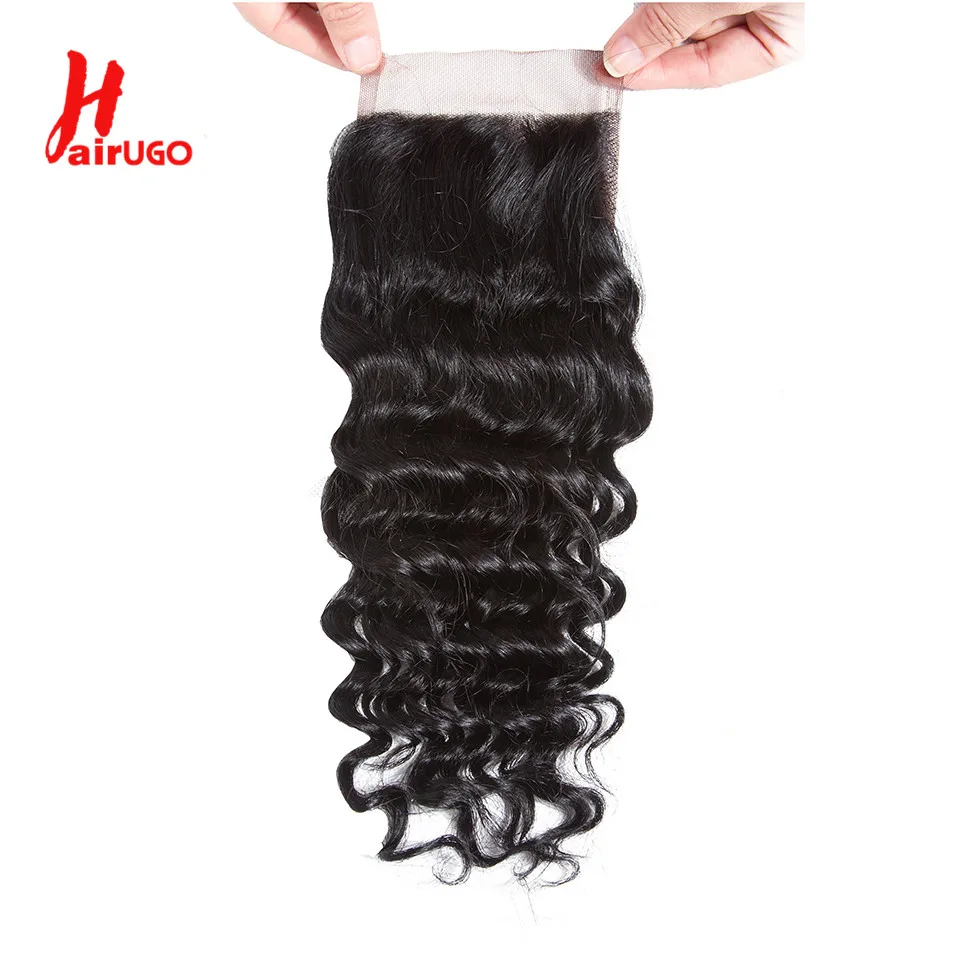 HairUGo Deep Wave 4x4 Closure Brazilian 100% Human Hair 4X4 Lace Closure With Baby Hair Natural Color Remy Hand Tied 10''-20''