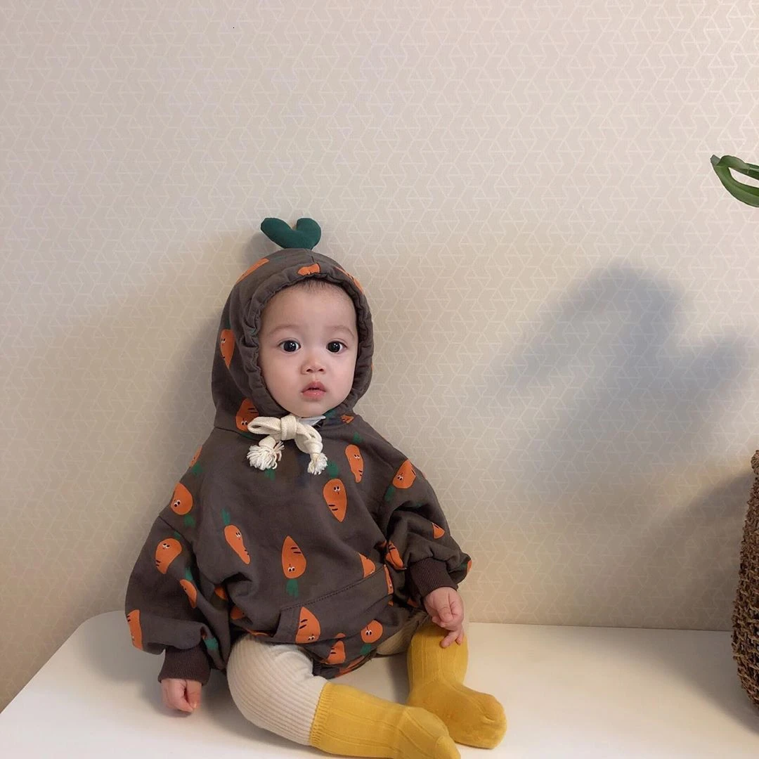 Autumn Infant Outfit Clothes Long Sleeve Cartoon Carrot Newborn Baby Unisex Garment Hooded Sweater Loose Jumpsuit Toddler Romper