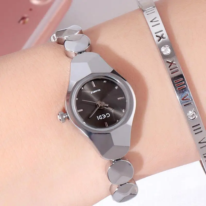 Женские Водонепроницаемые Часы-браслет из вольфрамовой стали HobbyLane - Цвет: Silver black