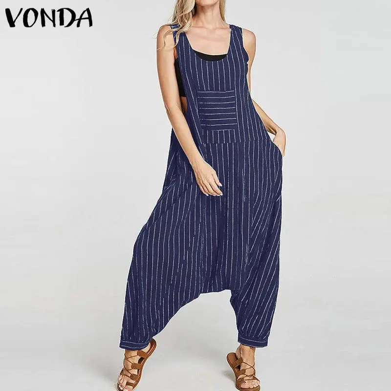 Rompers Womens Jumpsuits VONDA Vintage Summer Sleeveless Striped Playsuits Casual Loose Bohemian Overalls Femme Pants Plus Size