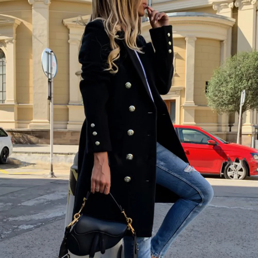 

Autumn Wool Blends Winter Coat Women Buttons Double-Breasted Plus Size Solid Black Elegant Office Ladies Long Overcoat Outwear