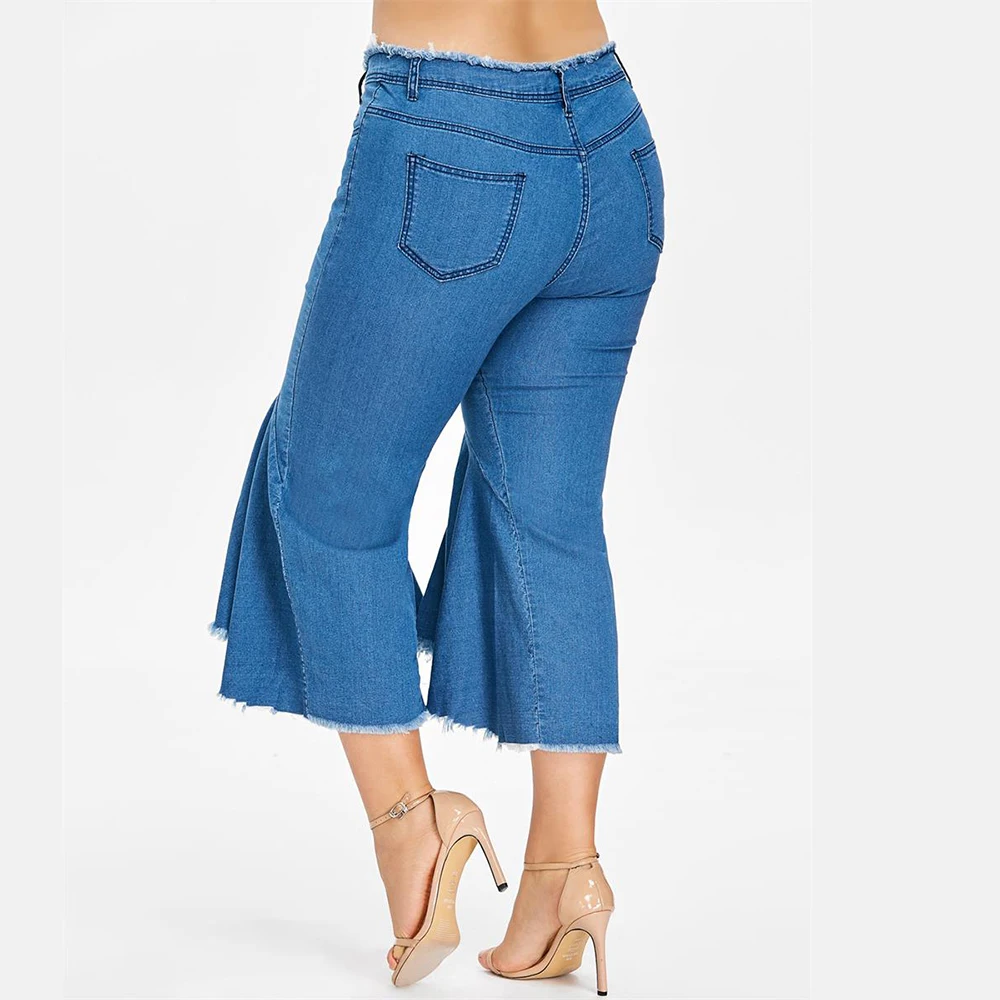 Boho модные джинсовые Укороченные расклешенные брюки женские джинсы широкие ноги леди случайный звонок-низ расклешенные брюки женские большие размеры 5XL