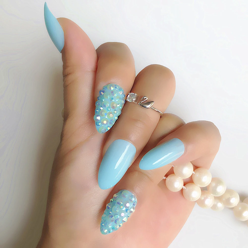 SKY BLUE Custom Full Rhinestones Decoration Sequins Stiletto Fake Nails Set Crystal Press On Nails Marvel Medium False Nails - Цвет: S2514TZ