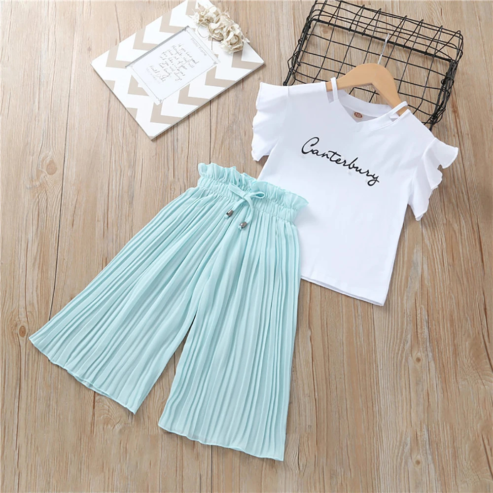 Комплекты одежды для девочек Лето, Детская футболка+ шифоновые широкие штаны, костюмы детская одежда с короткими рукавами для маленьких девочек