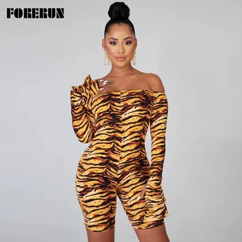

FORERUN Off Shoulder Jumpsuit Women Tiger Pattern Print Playsuit Bodycon Long Sleeve Jumpsuits Overalls Streetwear Ropa Mujer