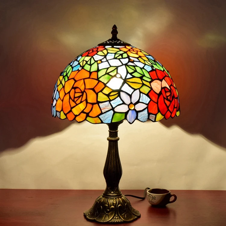 

12 inch Vintage creative Classic Rose art decorative table lamp Tiffany tinted glass mood lighting Hotel bar dining room table l