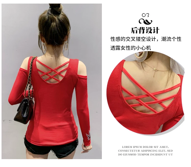 2020 Autumn long sleeve women t-shirt Sexy off the shoulder hot drilling women tops and shirt plus size women clothing