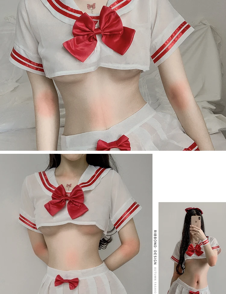 Cute Japanese Schoolgirl Costumes Lovely Students Sailor Perspective Chiffon Cos Role-playing Seductive Anime School JK Uniform