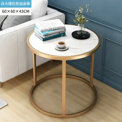 JOYLOVE Creative Living Room Small Tea Table Sofa Corner Iron Frame Coffee Table Sofa Side Table With One Shelf Circular Gold Shelf