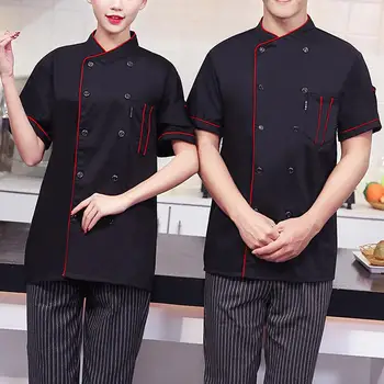 

Shirt Men Short Sleeve Solid Color Stand Collar Double-breasted Chef Waiter Uniform Loose Pocket Shirt