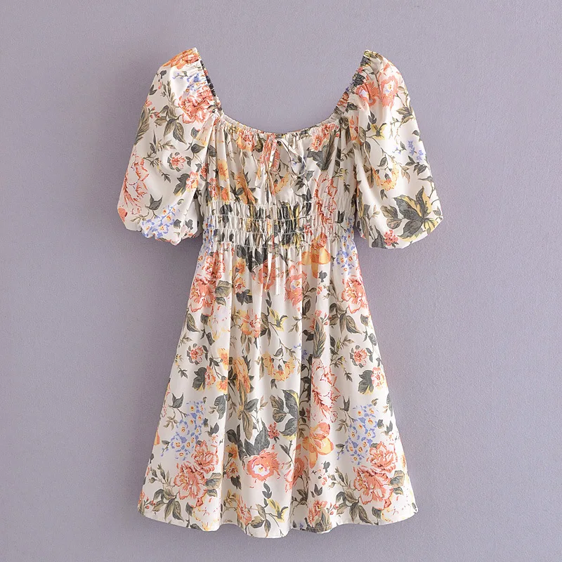 

Red flower and green leaf printed elastic waist dress bubble sleeve lace skirt