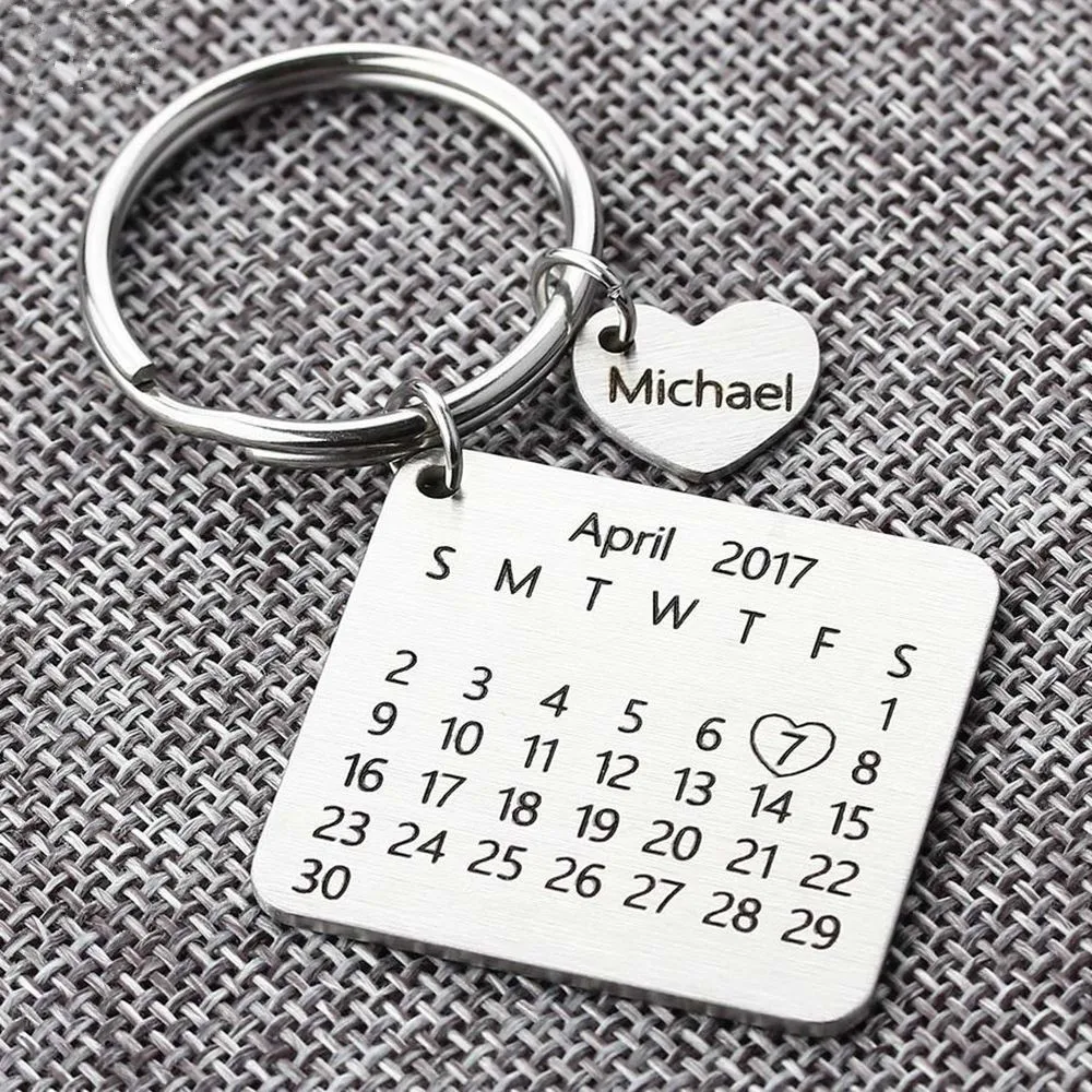 Personalized Calendar Keychain  Hand Carved Calendar Keyring Customed Stainless Steel Keytag Birthday Wedding Anniversary Gift