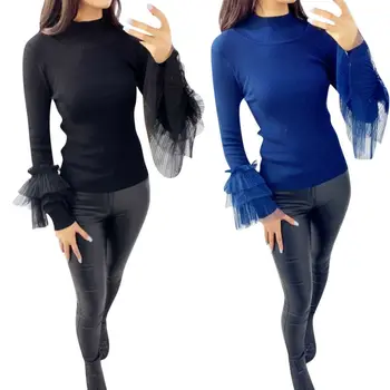 

Women's Autumn Mesh Solid Color Sweater Crew Neck Long Sleeve Casual Slim Pullover Jumper Sweaters