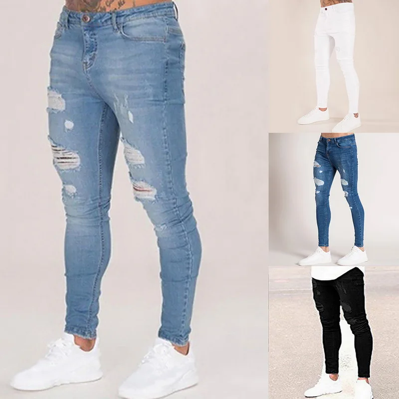 

2020 New Men Solid Color Jeans Sexy Casual Pants Hole Ripped Mens Slim Pencil Pants Design Streetwear