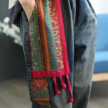 Джинсы Осень стиль Этническая художественная Ретро Вышивка лягушка аппликация свободный и большой размер ковбой