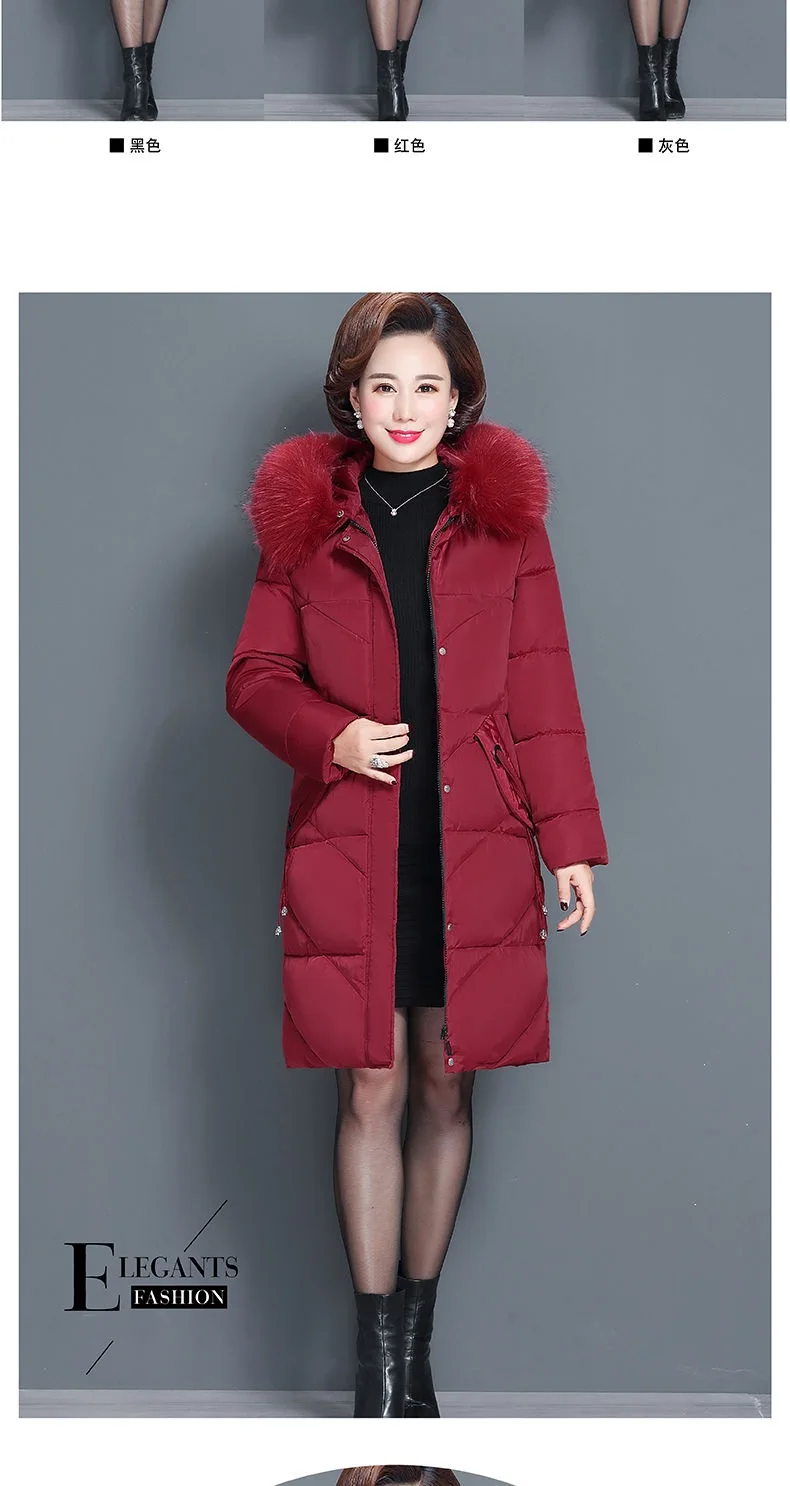 Middle-aged mother Winter Coat Thicken Slim Cotton padded Jacket Windproof Loose Female Warm Fur collar Hooded Parkas Outwear