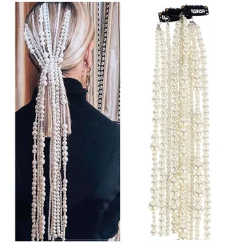 

Fashion Long Tassel Jewelry Simulated Pearl Hair Accessories Comb Chain for Women Bridal Wedding Hair Chain Headpiece Jewellery