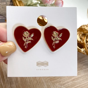 

AENSOA Classic Vintage Woman Earrings Popular Red Heart Shaped Rose Flowers Enamel Dangle Earrings for Women Jewelry Accessories