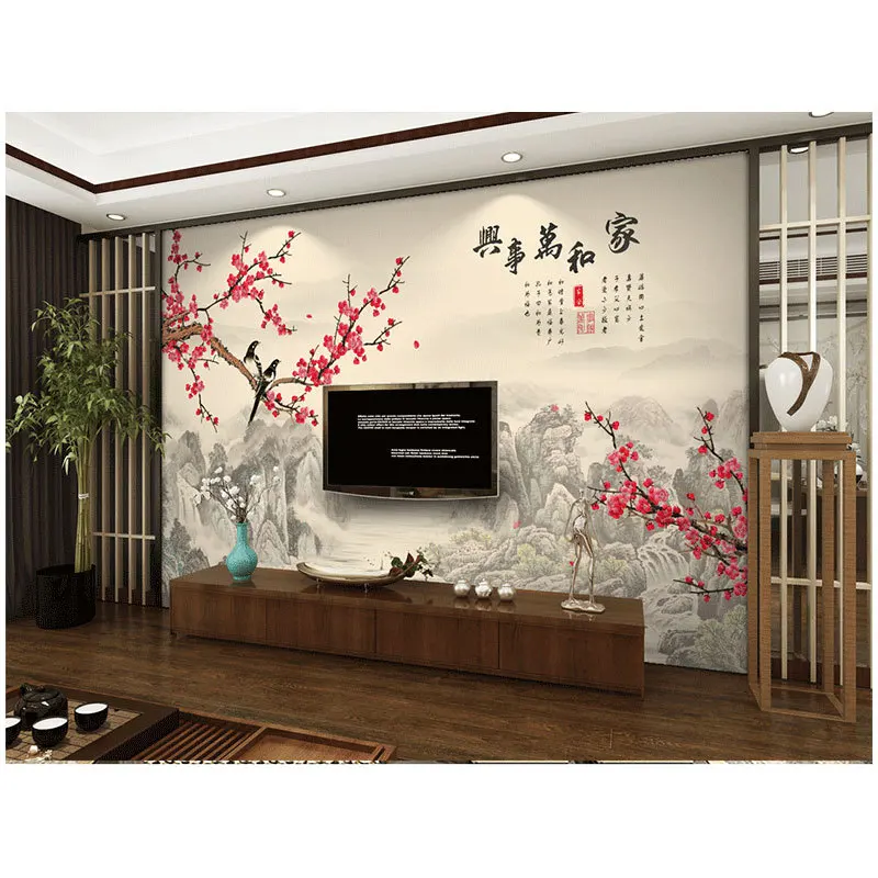 

New Chinese Style TV Backdrop Wallpaper Landscape Plum Mural Home And Everything Seamless Wall Cloth