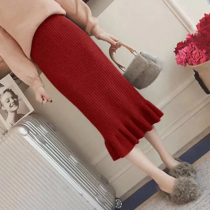Bright red Элегантные Юбки Русалки для женщин, сексуальные одноцветные юбки для ягодиц с высокой талией, женские модные облегающие трикотажные юбки для фитнеса, женские - Цвет: Bright red