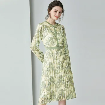 

Spring Dress Women Long Sleeved 2020 New Fashion Printed Elastic waist Slim Elegant Pleated Dress Female S-XL