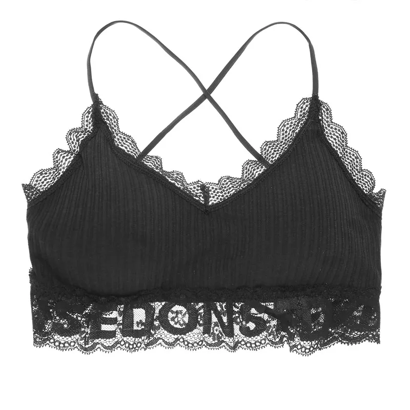 Padded Cotton Bra Sexy Letter Women Wireless Underwear Full Cup Lace Bras For Women Fashion 5 Colors Wire Free Backless Lingerie - Цвет: Black