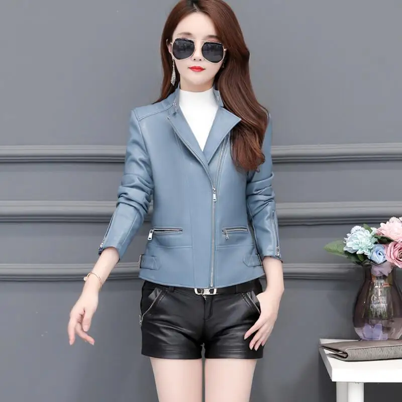 Black Leather Jacket Women New Spring Autumn Women's Leather Clothing Short Slim Motorcycle Leather Coat Female Outerwear - Цвет: Синий