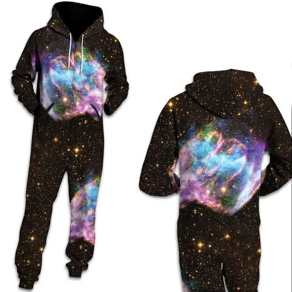 

Women Space Galaxy Star Printed Loungewear Pajamas Unisex Loose Hooded Zipper Open Sleepwear Onesies for Adult Simier Jumpsuits