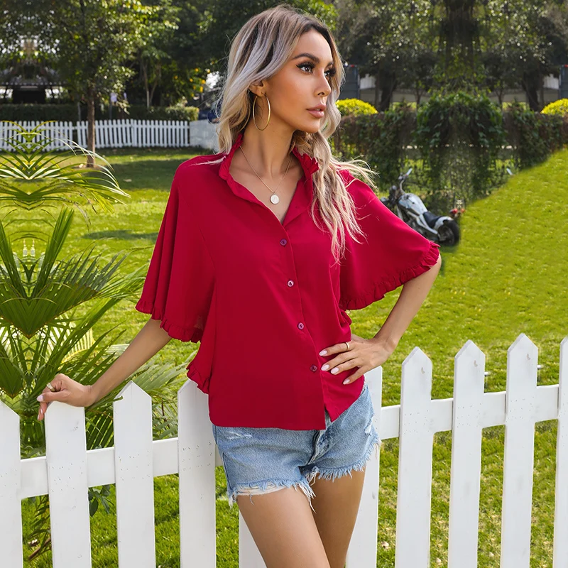 Women Blouses Short Batwing Sleeve Ruffled Shirt Top 2021 Summer Single Breasted Solid Casual Ruffles Shirts