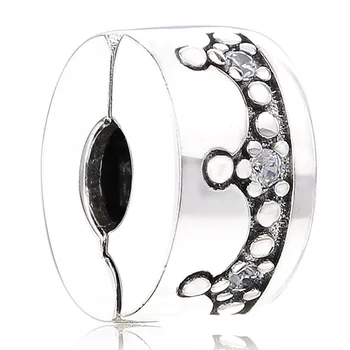 

New 925 Sterling Silver Bead Charm Royal Crown With Crystal Clip Lock Stopper Beads Fit Pandora Bracelet Bangle Diy Jewelry