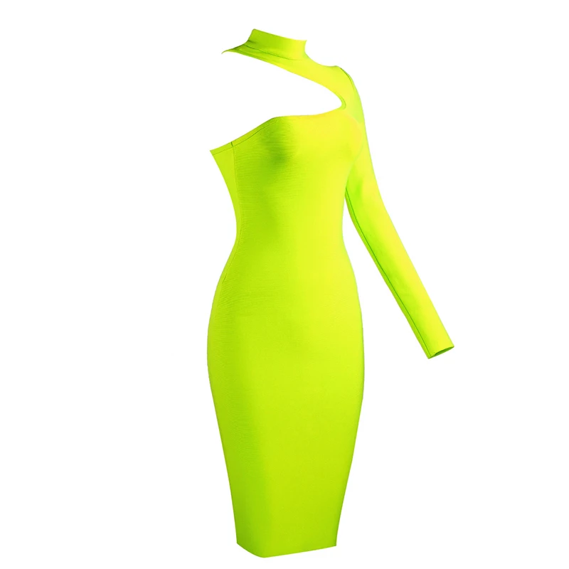 Новое поступление, женское Бандажное платье Vestidos, сексуальное, с одним рукавом, неоновое, зеленое, черное, вечернее платье знаменитостей, Клубное платье