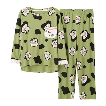 

Front Pocket Long Sleeve Long Pants Sleepwear Fashion Style Casual Style Pajamas Set Crew Neck Woman Clothes Spring Autumn