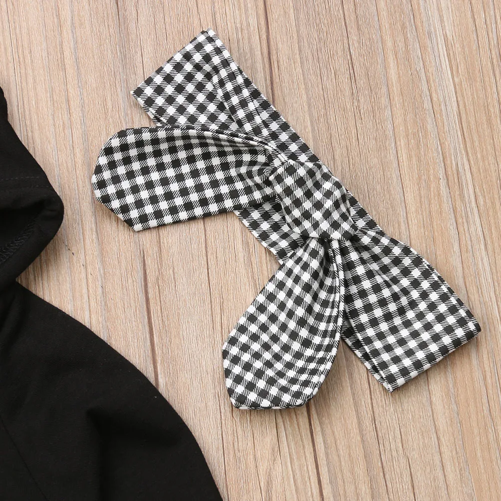 Autumn Winter Baby Girls Sets 3PCS 3D Ears Hooded Pullover Black Tops+Ruffles Plaid Pants+Headband Toddler Clothes Set 1-6Y