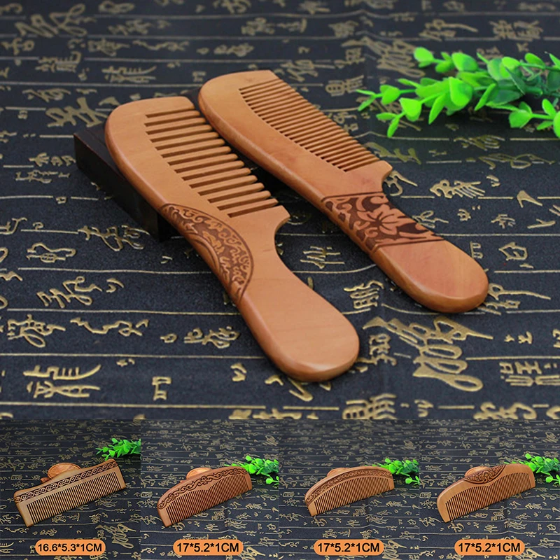 Natural Peach Solid Wood Comb Engraved Peach Wood Massage Comb Hair Care Tool Crafts Valentines Day Present Photo Props