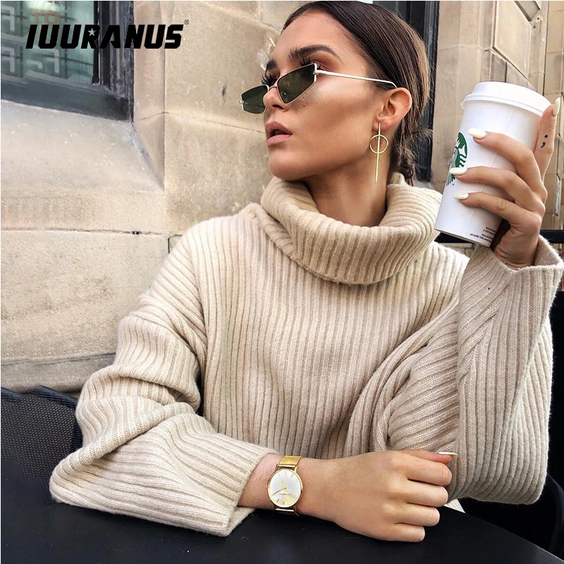 

IUURANUS Women Loose Batwing Turtleneck Knitted Sweater Female Overcoats Casual Harajuku Long Pullovers Winter Jumper Tops