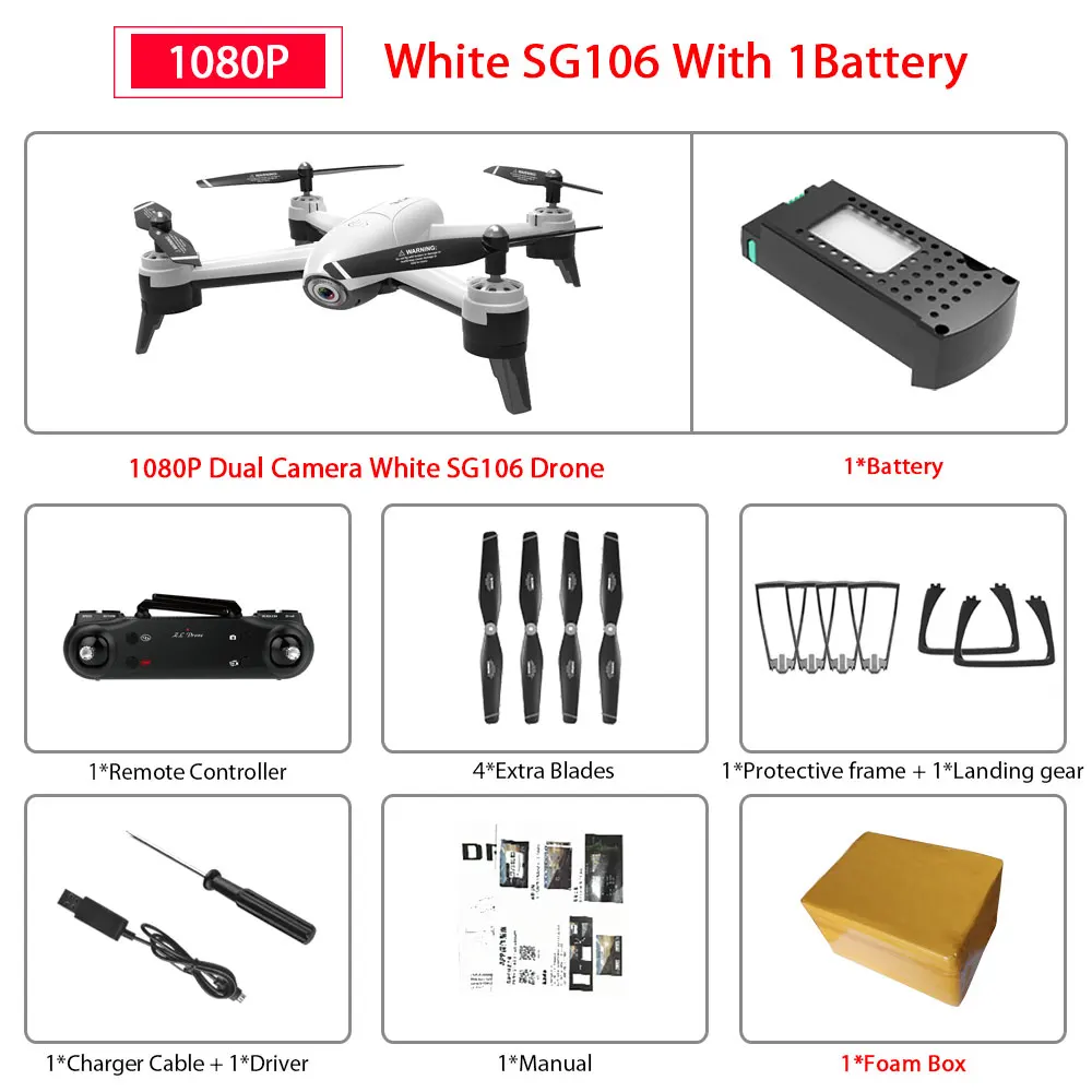 1080P White 1B FB SG106 WiFi FPV RC Дрон 4K камера оптический поток 1080P HD Двойная камера дроны антенна видео RC Квадрокоптер самолет VS SJRC F11 Дрон - Цвет: 1080P White 1B FB